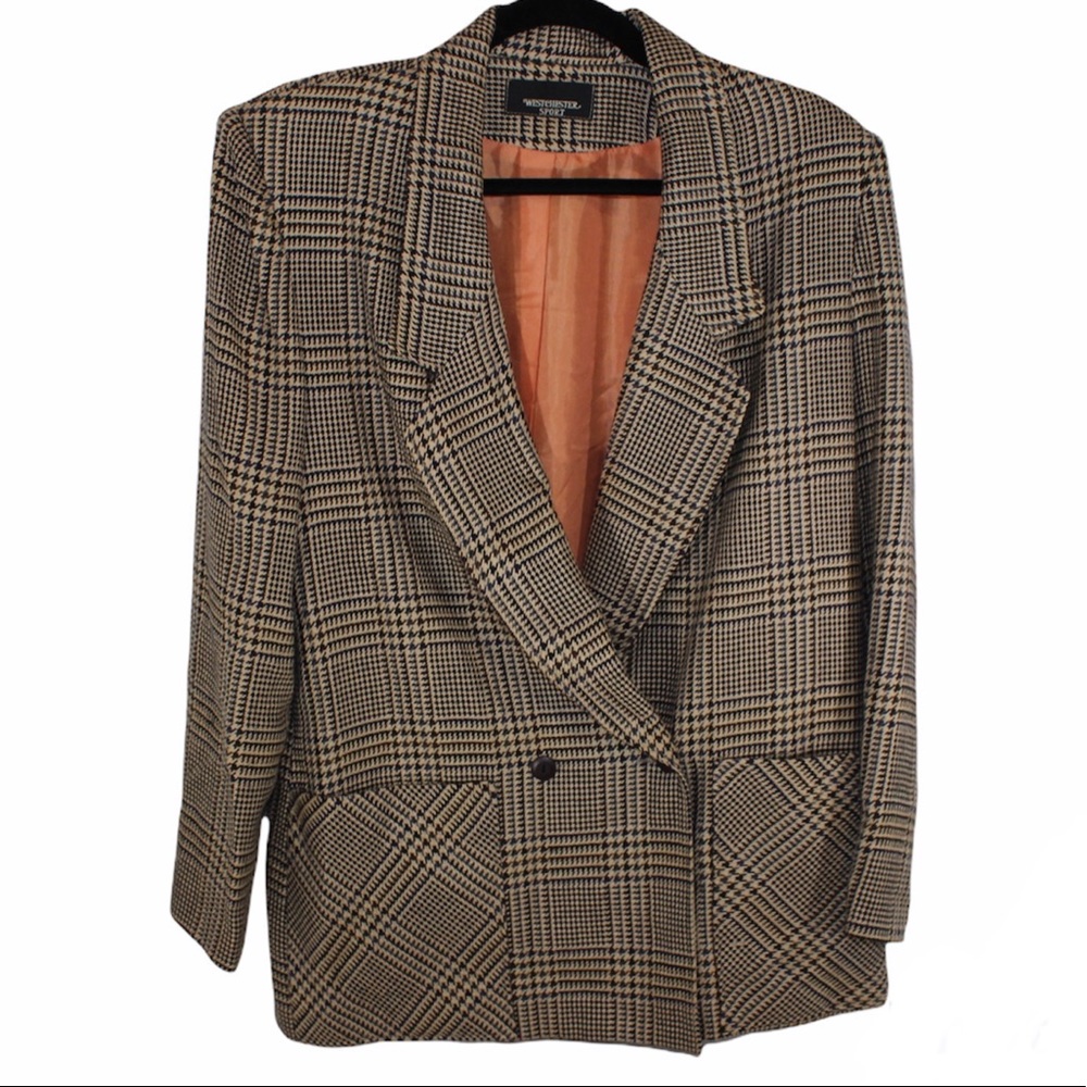 WESTCHESTER SPORT Houndstooth Brown Blue Check Blazer Jacket Vintage Wool 10
